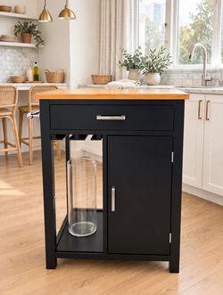 Mesa auxiliar de cocina negra con tope de madera