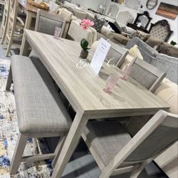 Table Set With Bench  Light Gray  Solid Wood  And Veneer 