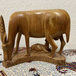 Vintage Hand Carved Wood Sculpture Gazelle With Fawn