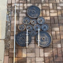 Gym - 210lbs Standard 1” Olympic Plates W/Barbell & Dumbbells