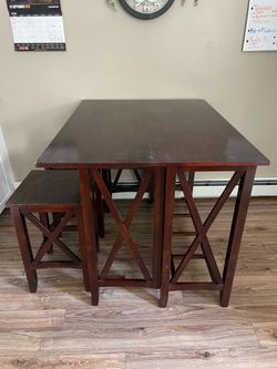 Pier 1 Kenzie Mahogany Brown Breakfast Table w Drop-leaf & 2 Stools
