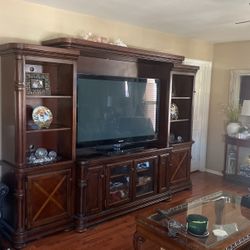 Large Entertainment Center. Solid Wood With Lighting And Glass Shelves H