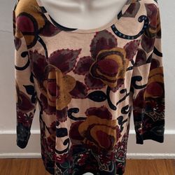 Monroe & Main Women’s Floral Embroidered Sequin Cream & Bordeaux Top, size L