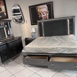 4pc King Bedroom Set 🩶 Charcoal Color 🥳 LED Lights 