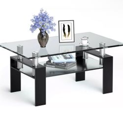 VETERAN raising funds For Veteran Charity Tangkula Rectangular Glass Coffee Table, Modern Side Coffee Table w/Lower Shelf