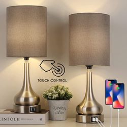 Set of 2 Table Lamps w/ Dual USB & AC Outlet Touch Bedside Lamps for Living Room 