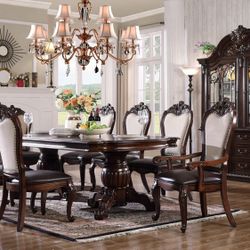 9 PIECE FORMAL DINING ROOM TABLE SET HIGH BACK CHAIRS DOUBLE PEDESTAL RICH DARK WALNUT FINISH