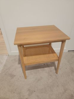 Wood Side Table with Cane Shelf