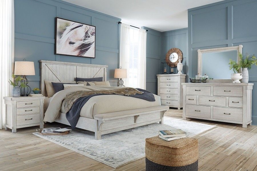 White 7Pc.Dresser-Mirror-Queen Panel Bed With Bench Footboard-2 Nightstands