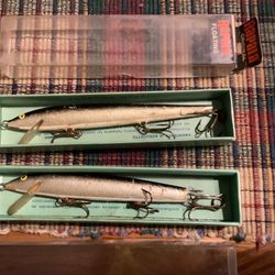 Two VINTAGE Original Rapala Wobbler 13cm Floating 5 1/4" 13S SILVER MINNOW FINLAND In Original Boxes