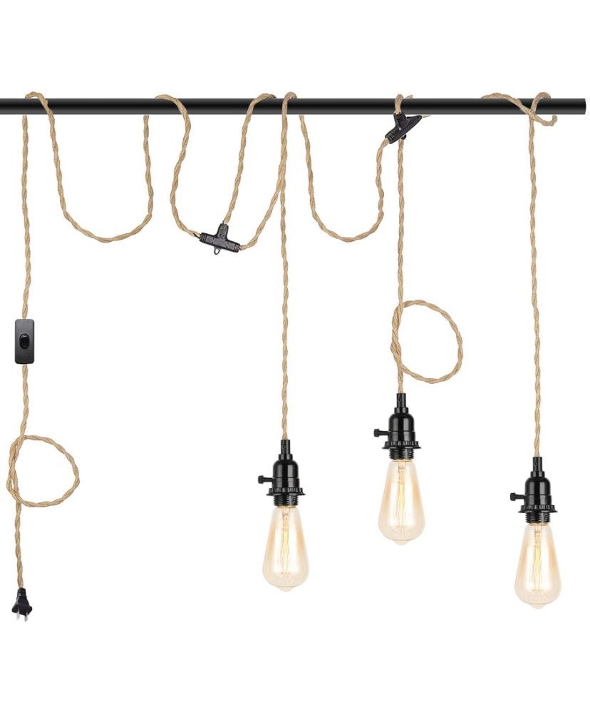 Fridecko HomeTriple Pendant Light Kit with Switch Hanging Lamp Cord with 27FT Twisted Hemp Rope E26 Sockets Plug Hanging Lighting Fixture