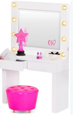 Our Generation 18" Doll Bedroom & Classroom Bundle - Glam & Glow Vanity & School Desk Set