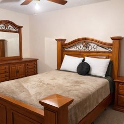 Solid Wood Queen Bedroom Furniture Set – Good Condition