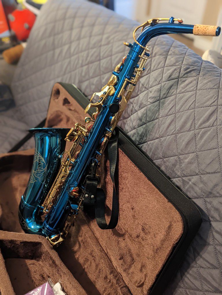 Blue Alto Saxophone With Gold Details 