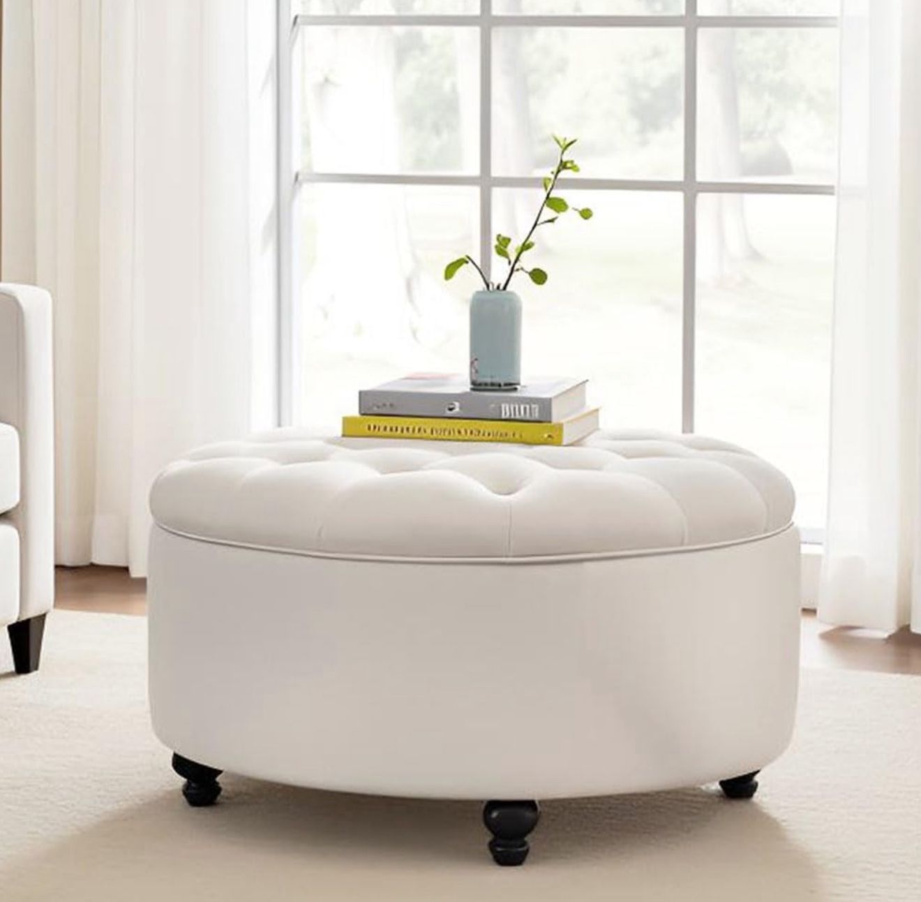 30” Ivory Tufted Storage Ottoman