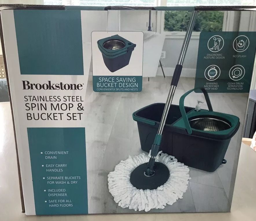 Brookstone Stainless Spin Mop & Bucket Set New In Box