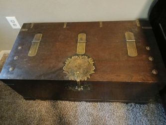 Antique Solid Wood Asian Trunk With Brass Fittings And Hardware