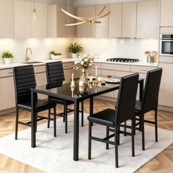 5 Piece Dining Table Set 4 Chair Glass Metal Kitchen Room Breakfast