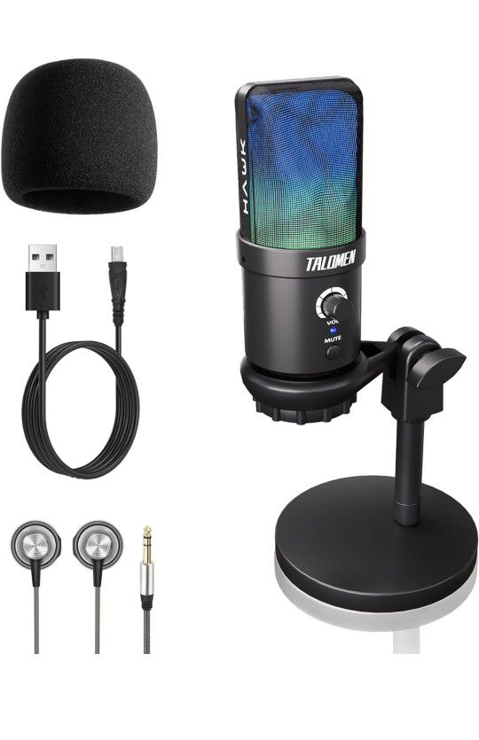 Hawk Studio USB Condenser Metal Microphone for Podcast Recording, PC Computer Gaming Streaming Mic with RGB Light, Mute Button, Headphones Jack, Deskt