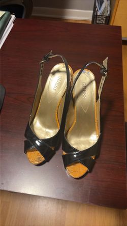 Guess Black Patent Peep-Toe Wedge Sandals
