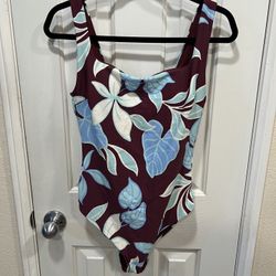 Shade & Shore Floral One-Piece Swimsuit in Burgundy with Blue & Cream Leaves