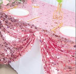 CHHEART Mermiad 5+18mm Big Payette Sequin Tablecloth 50x80 Inches Rectange Pink Gold Tablecloth Sparkle Pink Sequin Table Cloth Overlay For Girl Birth