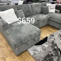 Sectional Sofa With Pullout Bed & Storage Grey Corduroy 