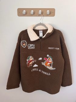 Disney Chip & Dale Frosty Fun Sherpa Pullover XXL Brown Quarter Zip Fleece