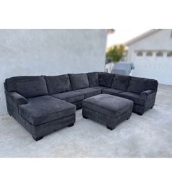 Charcoal Blue Ashley Furniture Sectional Sofa With Chaise & Ottoman With Storage Inside (FREE DELIVERY 🚚)
