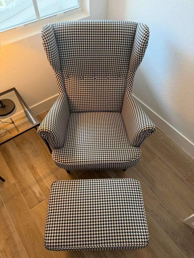 STRANDMON Armchair and ottoman, Vibberbo black/beige