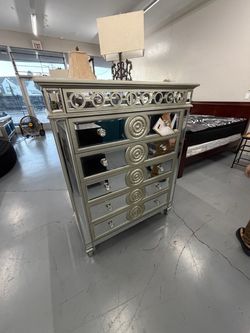 Mirrored Tall Chest Dresser with Crystal Knobs