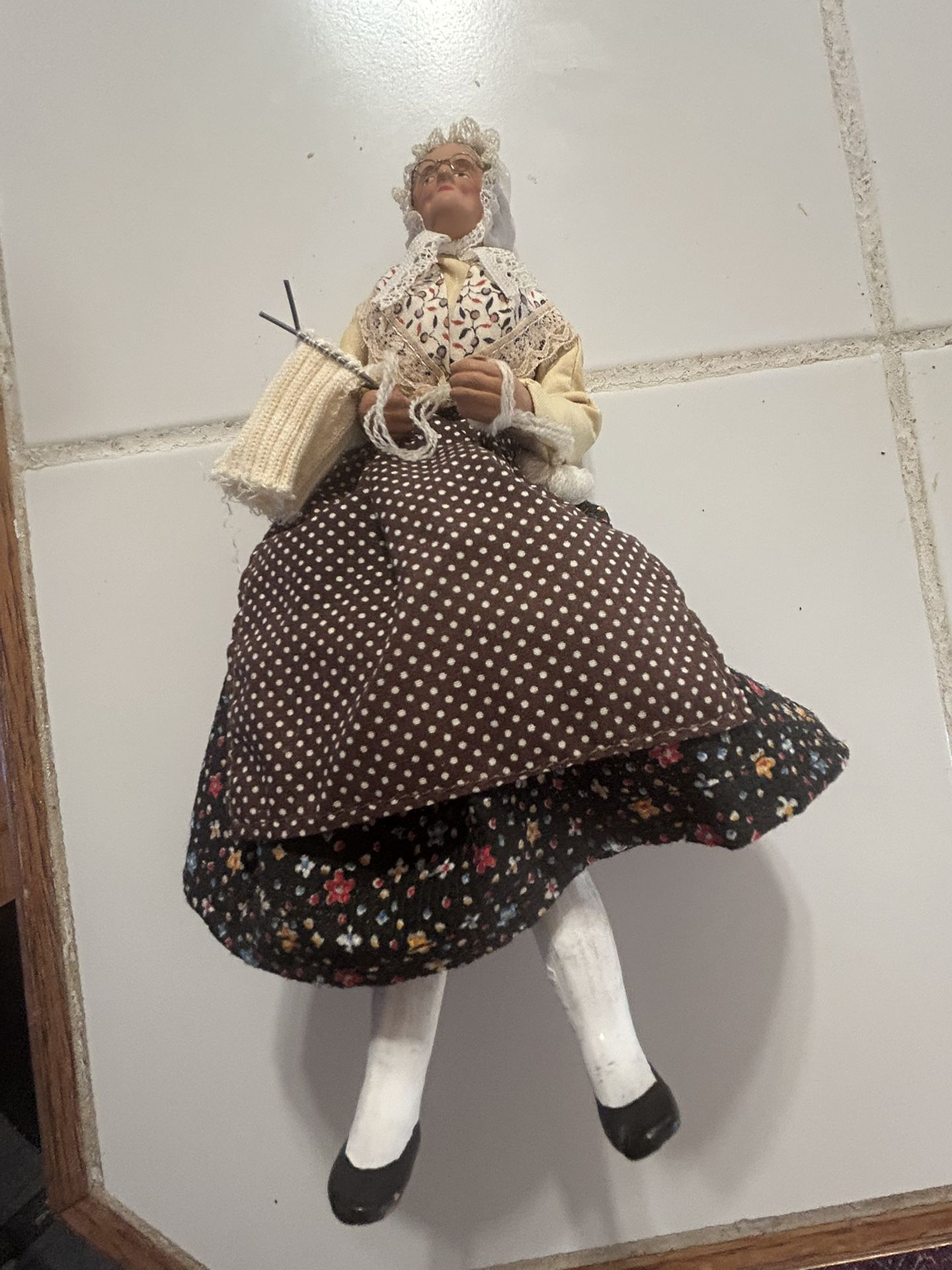 Vintage French Clay Folk Art Doll Terre Cuite Claude Carbondale Provence France Old Woman in Traditional Dress On Stand Cottagecore Farmhouse