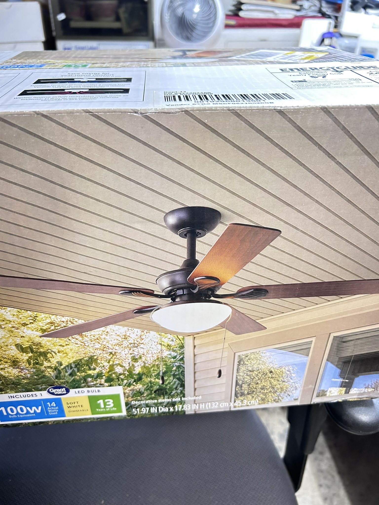 Mainstays 52" Indoor/Outdoor Oil Rubbed Bronze 5 Blade Reverse Airflow Ceiling Fan, 1 LED Bulb