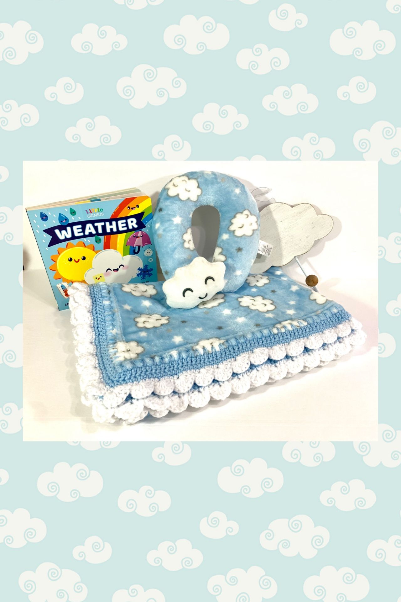 Dreamy Clouds Blue & White Crochet Baby Blanket and Book 4 Piece Gift Set