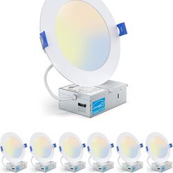 new 6 Pack 6 Inch LED Recessed Ceiling Light, 5CCT 1100LM High Brightness, Dimmable Canless Wafer Downlight, ETL and Energy Star Certified, 12W, Junct