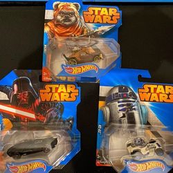 Three Hot Wheels Star Wars Character Cars (Vader, Ewok,R2D2)