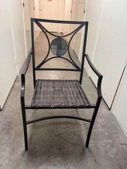 Pair of Metal Patio Armchairs — Woven Seats, Mosaic Medallion Backs