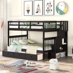 Harper & Bright Designs Full Over Full Bunk Bed with Stairs and Storage Drawers, Solid Wood Full Bunk Bed Frame for Kids Teens Adults