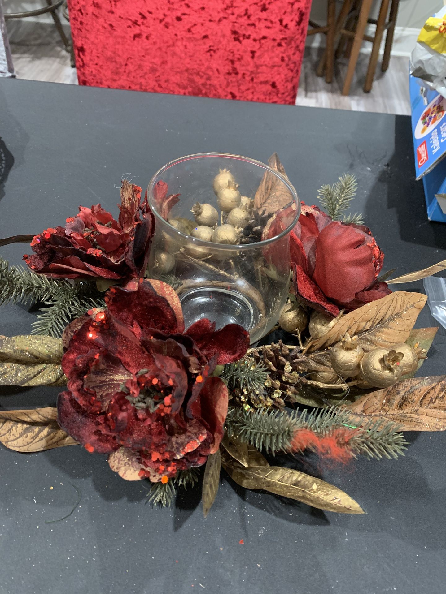 LARGE RED&GOLD PEONY CANDLE HOLDER 