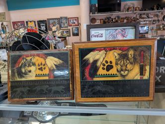 Vintage Wooden Framed American Wolf Mountain Lion Rustic Wildlife Wall Art Decor