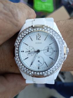 Guess White Chronograph Watch with Crystal Bezel
