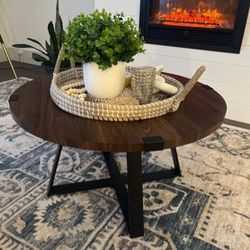 New Dark Walnut Round Coffee Table with Black Industrial Metal Base
