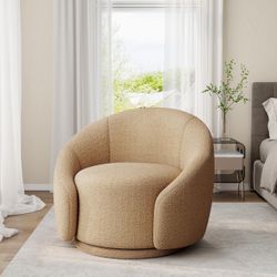 2532d $200 Swivel Barrel Accent Chair, Modern Reading Armchair, Light Brown 360Β° Small Round Sofa Chair, Comfy Boucle Club Chair, Solid Wood Frame &