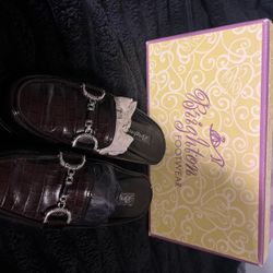 Brown Leather Slip-on Loafers With Silver Buckles 