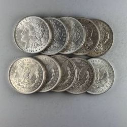 Lot of TEN 1921 Morgan Silver Dollars -- ALL NEAR-UNCIRCULATED COINS! — SHIPPING AVAILABLE!!
