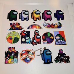 lot of 16 AMONG US stickers and 1 keychain