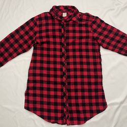 Women Plaid Checker Long Sleeve Shirt Top Button Down Black Red Large L