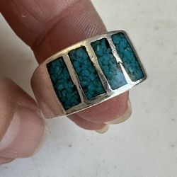 925 Sterling Silver Native Am. Turquoise Chip Inlay Ring . Size 8.75 