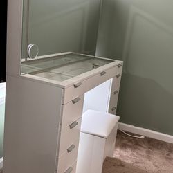 Vanity Table with Storage + Chair (Built-in Socket & Dryer Holder)