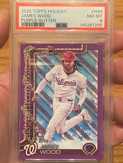 2025 Topps Holiday James Wood Purple Glitter /99 PSA 8